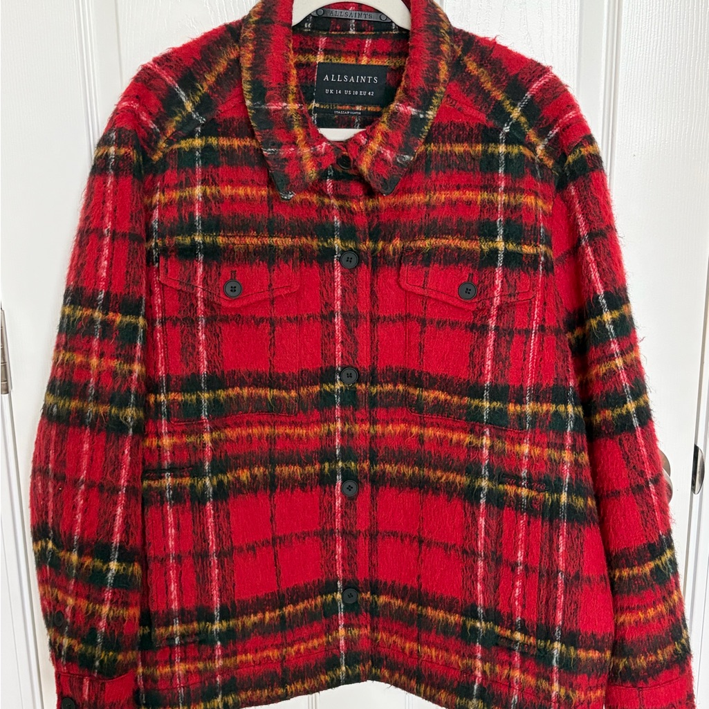 All Saints Women's Red And Black Plaid Teddy Rosay Check Jacket Xl
